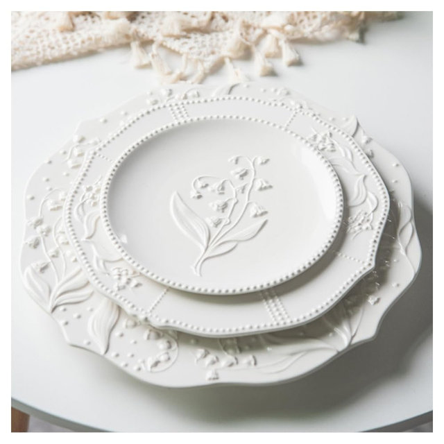 Embossed of The Valley Series Ceramic Pasta Plate Pastry Dessert Deep Home Vegetable (3-piece plate)