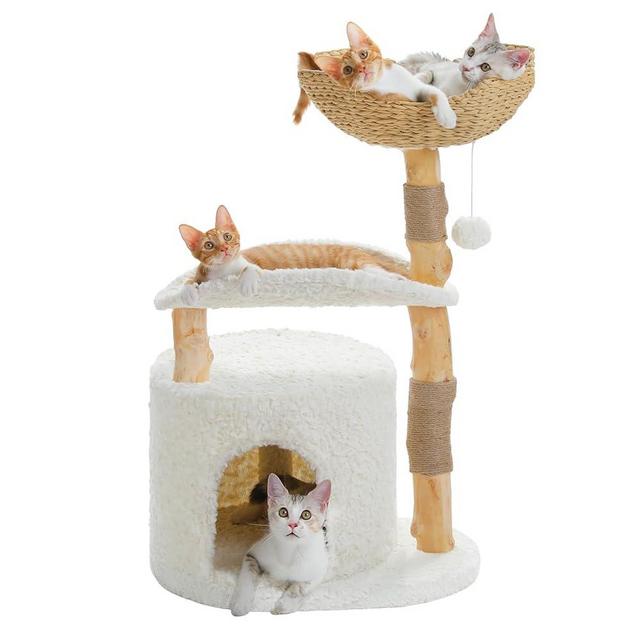 PAWZ Road Cat Tree for Indoor Cats Large Adults,38 Inches Modern Cat Tree Tower with Spacious Wicker Basket,Natural Solid Wood Scratching Posts,Curved Bed,Luxury Cat Condo for Large Cat
