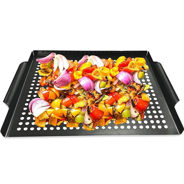 MEHE Grill Basket, Thicken Will not Warped, Nonstick Grilling Topper 14.6"x11.4 Grill Pan BBQ Accessory for Grilling Vegetable, Fish, Shrimp, Meat, Camping Cookware