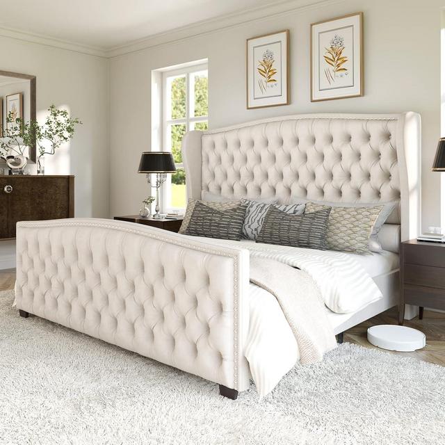 Velvet Upholstered Bed in Cream in King