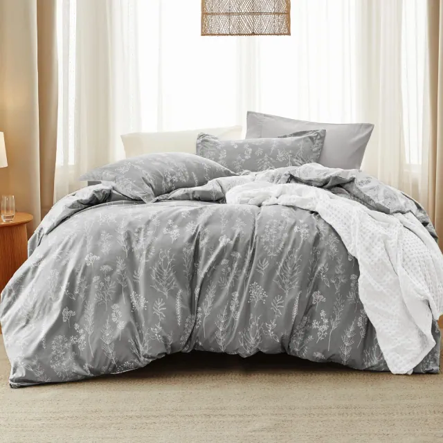3 Pcs Floral Printed Reversible Grey Comforter Set King Size Soft Designed Plants Pattern Bedding Set - Bedsure
