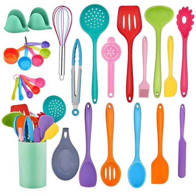 TeamFar Kitchen Utensil Set, 28 PC Silicone Cooking Baking Kitchen Utensil Set for Nonstick Cookware, Spatula Spoon Measuring Cups Whisk Holder, Heat-Resistant & Healthy, Easy Clean & Multi-Color