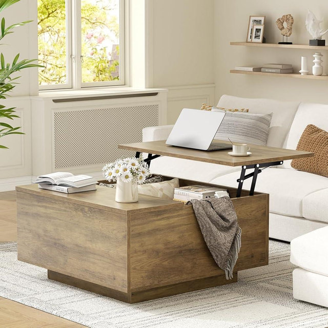 FABATO Lift Top Coffee Table, Wood Square Coffee Table with Storage, Farmhouse Coffee Tables with Hidden Storage Compartment, Center Table with Lifting Tabletop for Living Room, Home Office, Oak
