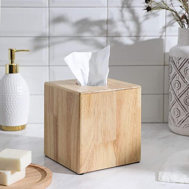 KMWARES Rubber Wood Decorative Farmhouse Square Tissue Box Holder/Cover for Home Accent, Bathroom Accessories, Vanity/Office/College/Dorm