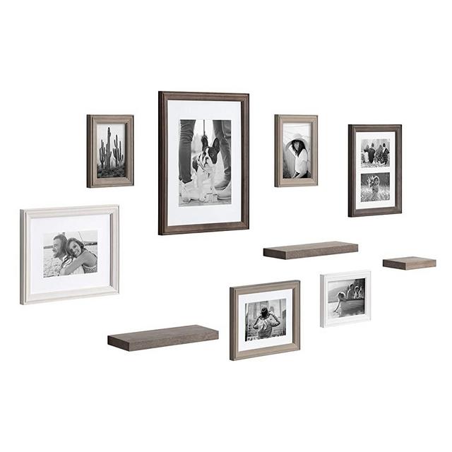 Kate and Laurel Bordeaux Gallery Wall Frame and Shelf Kit, Set of 10, Multicolored with Whitewash, Charcoal Gray, and Farmhouse Gray, Assorted Size Frames and Three Display Shelves