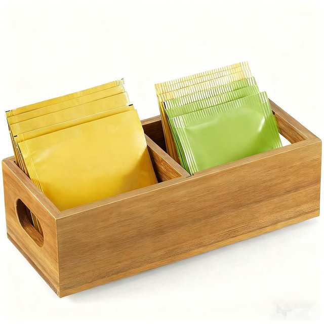 YCXNBHH Tea Bag Organizer, Acacia Wood Tea Bag Holder, Extra Wide Compartments for Tea Bags, 2 Slots Tea Caddy, Tea Organizers Storage for Countertop & Drawer Storage