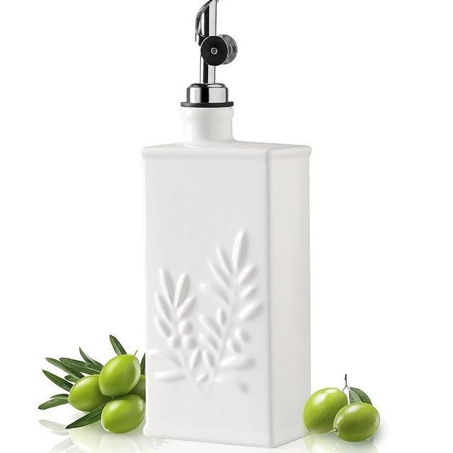 Sweejar Ceramic Olive Oil Dispenser Bottle for Kitchen, 17 Oz Relief Opaque Oil and Vinegar Dispenser Bottle with Spout, Suitable for Soy Sauce, Coffee Syrup, Liquids (White)