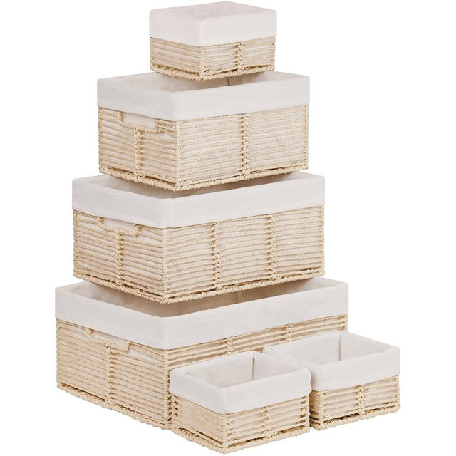 Vagusicc Wicker Storage Baskets, 6 Pack Baskets for Organizing, Wicker Basket with Handle, Rectangular Basket for Storage Shelves, Cube Storage Bins for Closet/Clothes/Dresser, Beige