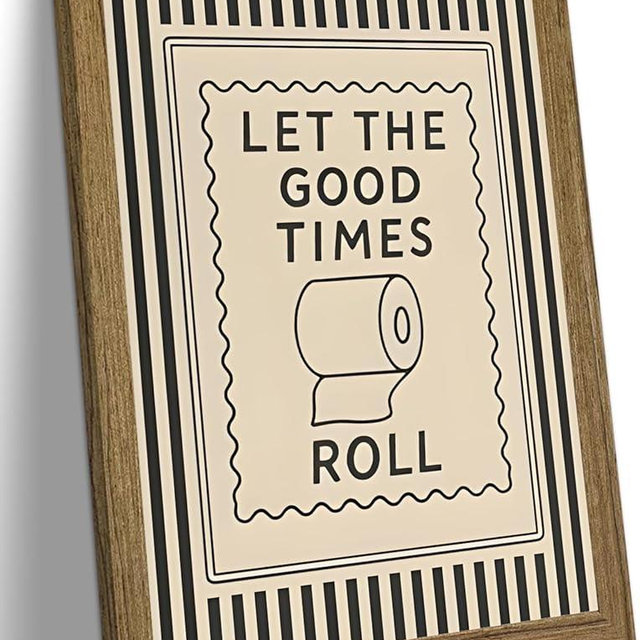 Funny Bathroom Wall Art Framed Canvas, Let The Good Times Roll Toilet Print, Vintage Striped Bathroom Decor, Farmhouse Restroom Wall Decor for Guest Bath 12x16 inch