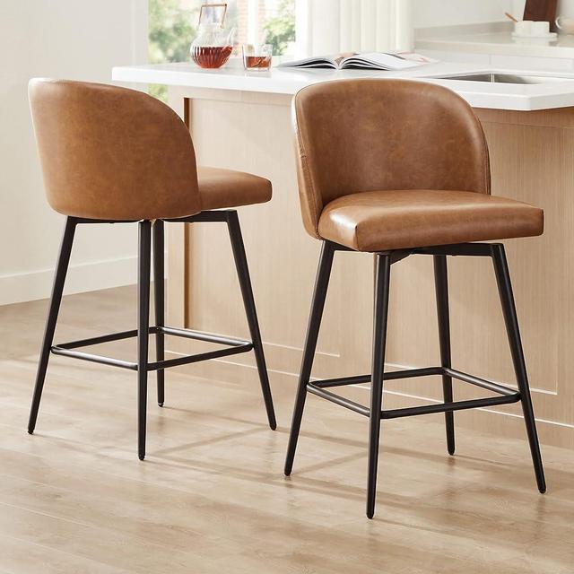 Watson & Whitely Counter Height Bar Stools Set of 2, 360° Swivel Upholstered Barstools with Backs and Metal Legs, 26" H Seat Height, Faux Leather in Saddle Brown