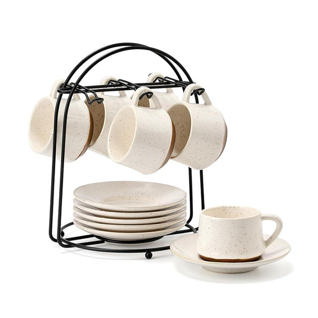 SIDUCAL Stackable Cappuccino Cup Set of 6 [4 oz] Ceramic Coffee Cups with Saucers and Cup Holder,Microwave/Dishwasher Safe,Espresso Demitasse Cups(White)