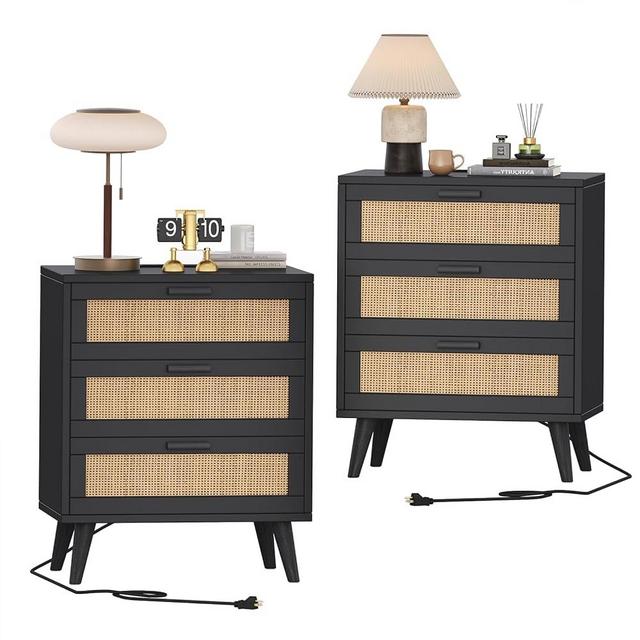 Rovaurx Set of 2 Rattan Nightstand with Charging Station, Night Stand with 6 Drawers, 28.5 Inch Bedside End Table for Bedroom, Side Table with USB Ports and Outlets, Black and NaturalRCTG110BME02