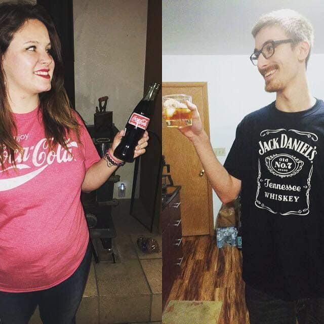 Our first Halloween costume together. We did long distance our first two years together and decided to be Jack & Coke. *Note: Height Difference not accurately depicted