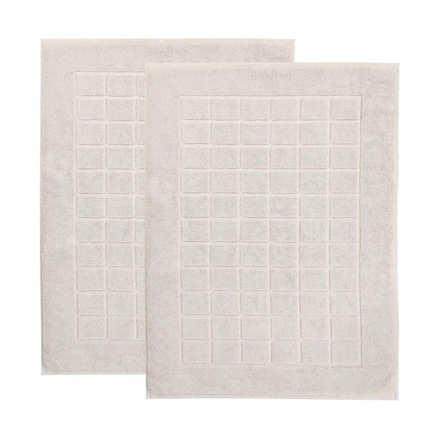 Cotton Solid Absorbent Thick Checkered Grid Washable Bath Mats, Set of 2, Stone - Blue Nile Mills
