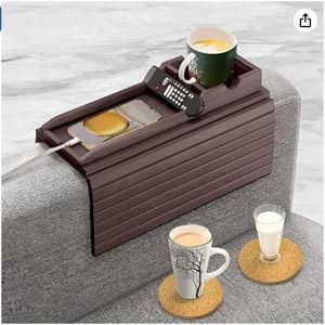 Couch Cup Holder With 2 Cork Coasters | Caddy With Detachable Tray | Anti-Slip Foldable Sofa Table for Drinks, Cellphone, Remote, Snacks (Walnut)