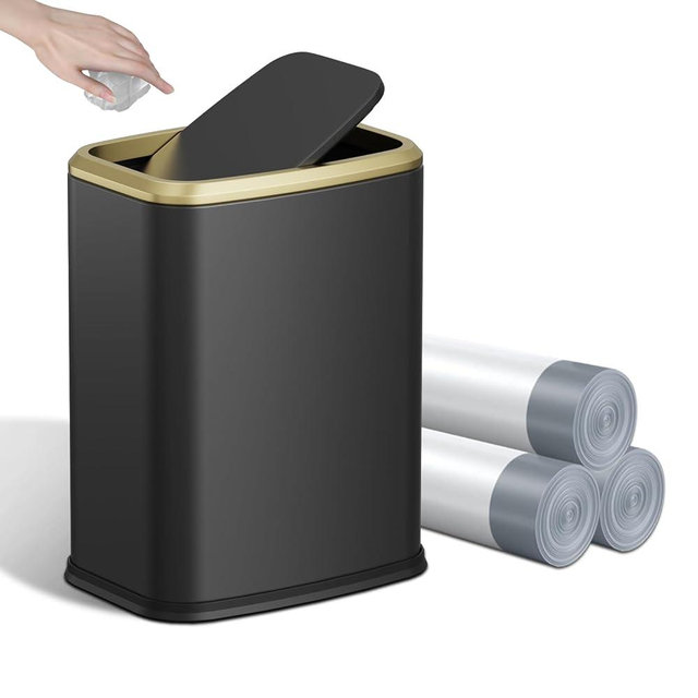 KHMMGK 8L/2.1 Gallon Small Bathroom Trash Can with Lid, Swing-Top Rectangular Waste Bin, Stainless Steel Garbage Can for Home, Office, Toilet, Bedroom, Living-Room (Black)