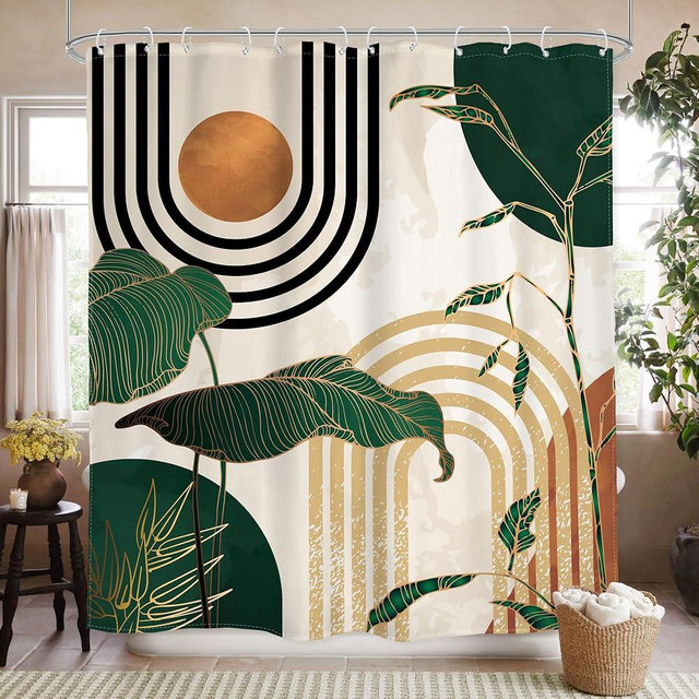 Glawry Green Boho Shower Curtain 60Wx72L Inches, Abstract Retro Mid Century Shower Curtains for Bathroom Decor,Minimalist Tropical Modern Shower Curtain Set Home Decor 12 Pack Hooks