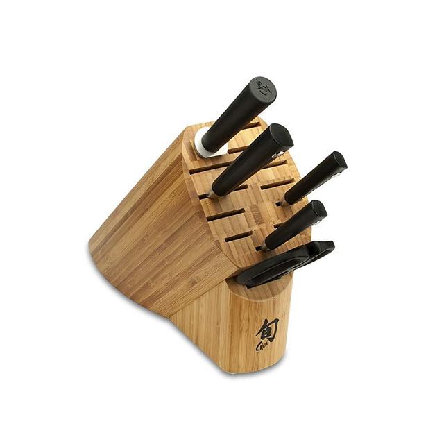 Shun Sora 6-Piece Block Set Including 3.5-Inch Paring Knife, 6-Inch Utility Knife, 8-Inch Chef’s Knife, Herb Shears, Combination Honing Steel and 11-Slot Bamboo Block; Stainless Steel Knife Set