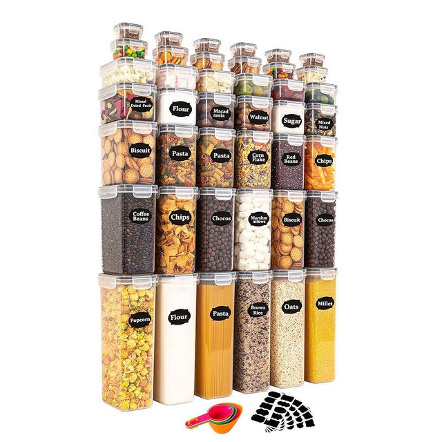 Ogrmar Airtight Food Storage Containers Set with Lids,42 Pcs Plastic Kitchen and Pantry Organization,BPA Free Storage Containers,Leak-proof Canisters for Cereal Flour & Dry Food & Sugar,Labels & Measuring Spoons & Marker