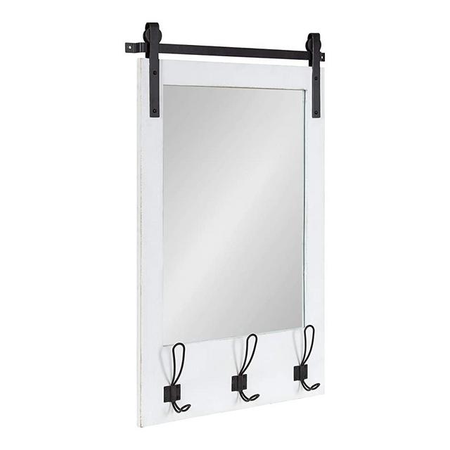 Kate and Laurel Cates Rustic Wall Mirror with Hooks, 18 x 28, White, Farmhouse Wall Decor with Function