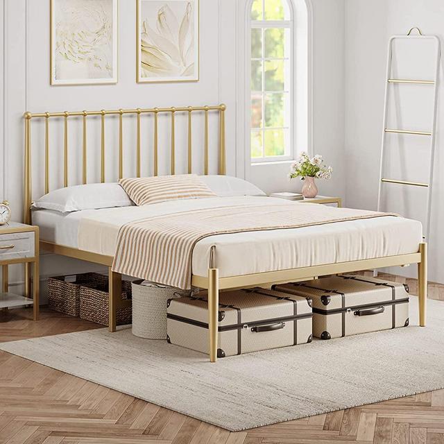 IDEALHOUSE Queen Bed Frame Metal Platform Bed with Headboard, 14 Inches Metal Mattress Foundation for Storage, No Box Spring Needed, Easy Assembly, Gold