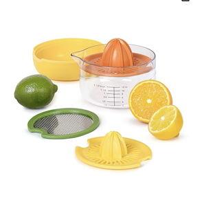 Tovolo Citrus Juicer and Zester Manual Lemon Squeezer with Measuring Cup and Built In Strainer, Easy Clean BPA Free Zester Grater with Handle for Fresh Citrus Dual Reamers for All Fruit Sizes