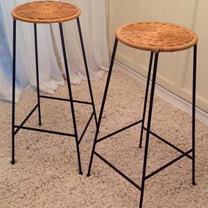 A Pair of Vintage Metal and Woven Rattan Bar Stools