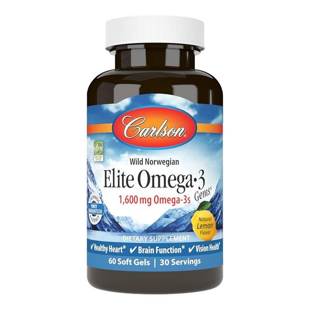 Carlson - Elite Omega-3 Gems, 1600 mg Omega-3 Fatty Acids Including EPA and DHA, Norwegian, Wild-Caught Fish Oil Supplement, Sustainably Sourced Capsules, Lemon, 60 Softgels
