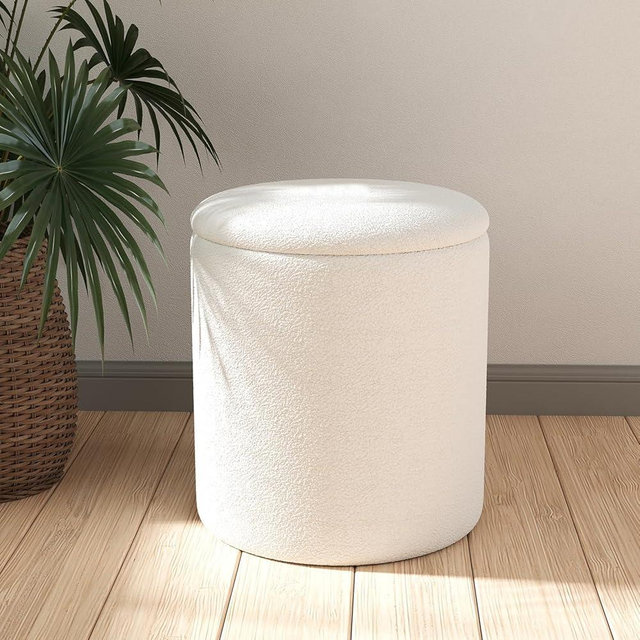 Ottoman Poufs with Storage,Soft Upholstered Vanity Stool,Multifunctional Ottomans Coffee Table Padded Seat Foot Rest for Living (White M)