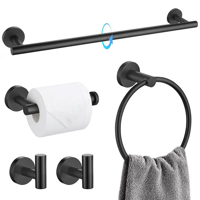 TQKAG Matte Black Bathroom Hardware Set 5 Pieces, SUS304 Stainless Steel Towel Bar Set Round Bathroom Towel Rack Set Wall Mounted
