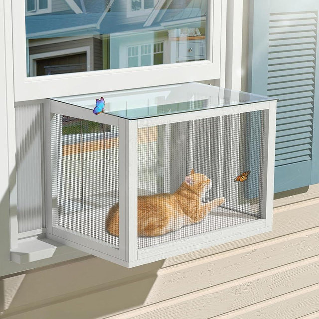 Cat Window Box, Universal Cat Window Perch Catio with Waterproof Transparent Top Fits Double Hung Frames 24" to 38.5" Wide, for Sunbathing, Napping & Nature Viewing