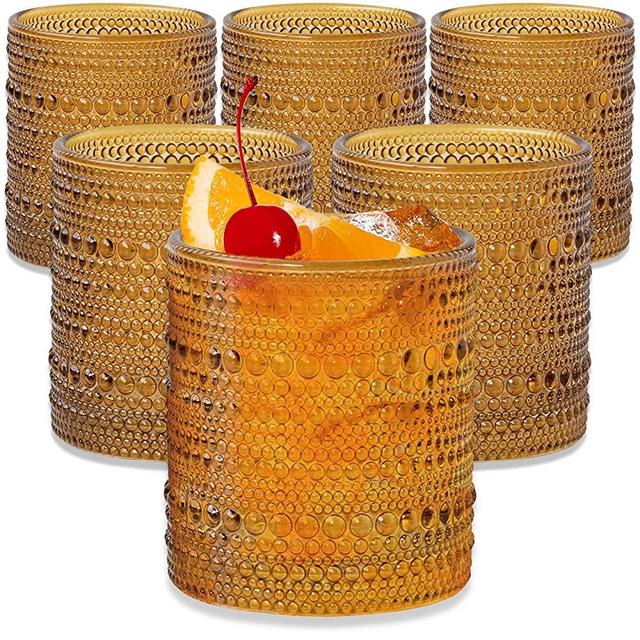 Kate Aspen Beaded Amber Drinking Glasses Set of 6-10 oz Vintage Glassware Set Jupiter Glasses, Cocktail Glass Set, Juice Glass, Water Cups | Hostess Gift, Christmas Present, Gift for Newlyweds