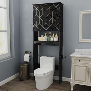 HLR Over The Toilet Storage Cabinet with Gold Trim, Over Toilet Bathroom Organizer with Adjustable Shelves and Toilet Paper Holder, Above Toilet Storage Cabinet Spacesaver for Bathroom (Black)