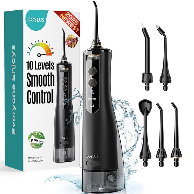 COSLUS Water Dental Flosser Tooth Pick: 10 Levels Smooth Control Portable Rechargeable Oral Irrigator Cordless Waterproof, 300ML Electric Flossing Cleaner Deep Cleaning for Travel Home (Model: WFP14)