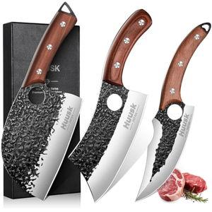 Huusk Butcher Knife Set Hand Forged Serbian Chef Knife Viking Boning Knife Cleaver Knife 3PCS Kitchen Knife Set for Meat Cutting Home & Outdoor Cooking BBQ Knives Gift for Men
