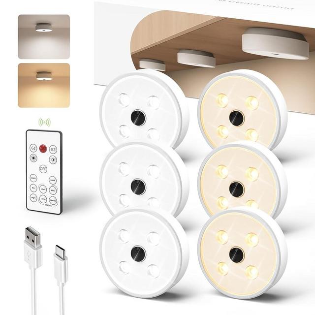 EZVALO Puck Lights with Remote 6Pack, Rechargeable 1200mAh Motion Sensor Under Cabinet Lights, 2 Color Temps LED Closet Lights Group Control, Dimmable Under Counter Lights for Kitchen, Bedroom