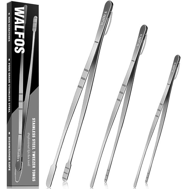 WALFOS Tweezer Tongs for Cooking,Kitchen Tweezers Stainless Steel Pasta Tweezers Tongs for Cooking, Roasting, Grabbing Small Objects, Dessert, BBQ,Spaghetti 3 Pcs (8+10+12-Inch)
