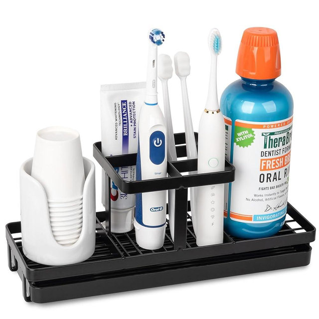 Toothbrush Holders for Bathrooms, Carbon Steel Tooth Brushing Holder Electric Toothbrush and Toothpaste Organizer Bathroom Accessories for Countertop, Shower, Sink, 5 Slots, Matte Black