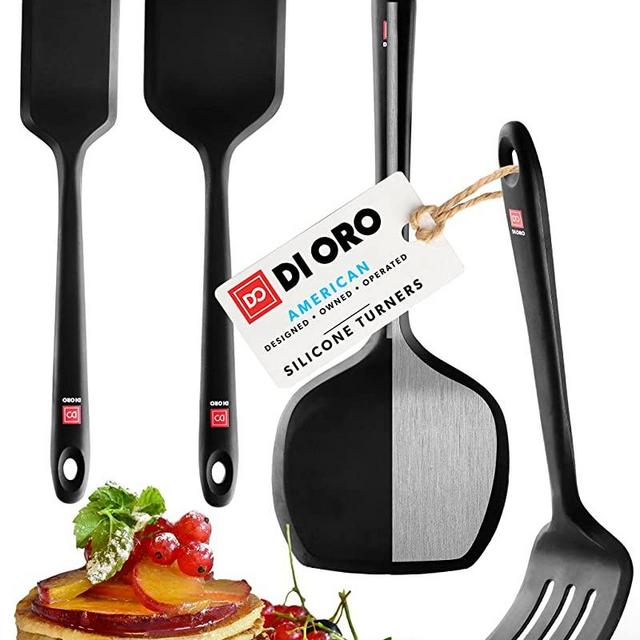 DI ORO Silicone Turner Spatula Set - Kitchen Spatulas for Nonstick Cookware - Cooking Utensils for Flipping Eggs & Pancakes - 600°F Heat-Resistant BPA Free Turners - Dishwasher Safe (4pc, Black)