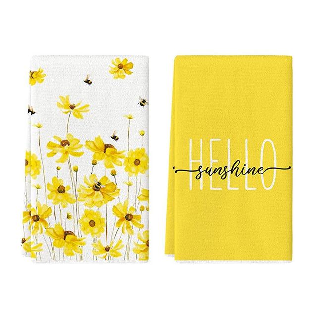 Artoid Mode Yellow Flowers Bee Hello Sunshine Spring Kitchen Towels Dish Towels, 18x26 Inch Seasonal Summer Holiday Decoration Hand Towels Set of 2