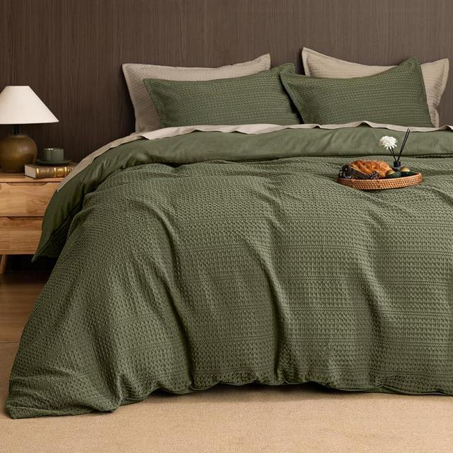 PHF Soft Waffle Duvet Cover King Size- Luxury Textured No Snagging Waffle Weave Comforter Duvet Cover(104"x90") with 2 Pillow Shams, 3 Pieces Breathable Bedding Set for All Season, Olive Green