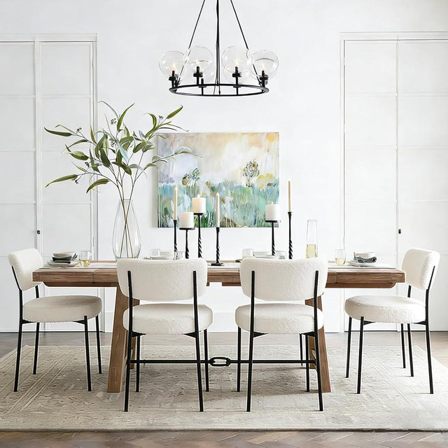 Stabrech White Boucle Dining Chairs Set of 4, Upholstered Dinner Chair with Metal Frame, Dining Room Chairs with Padded Seat, Round Modern Seating for Living Room