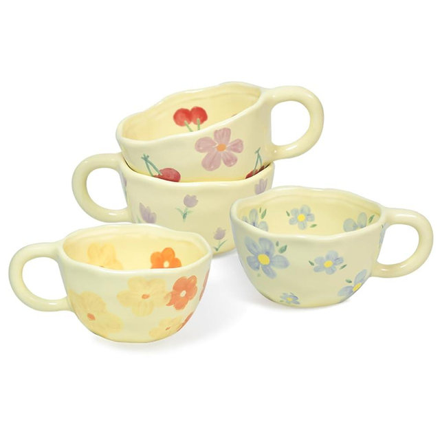 4 Pack Coffee Mug, Ceramic Coffee Mugs, 8oz Cute Espresso Cups, Flower Porcelain Mug Set for Women Girl Tea Cappuccino Latte Gift