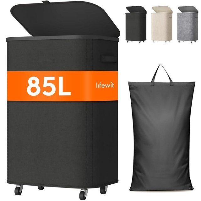Lifewit 85L Plastic Laundry Basket with Lid, Large Clothes Hamper with Wheels and Removable Bag, Tall Collapsible Rolling Storage Bin for Dorm Bedroom Bathroom, Black