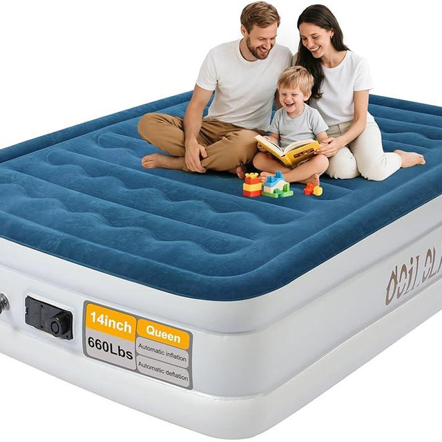 ooiloln air Mattress Queen with Built in Pump 14 Inch Portable Inflatable Mattress Deluxe Flocking Inflatable Mattress for Temporary Guest Accommodation, Camping, and Home use MAX is 660 pounds