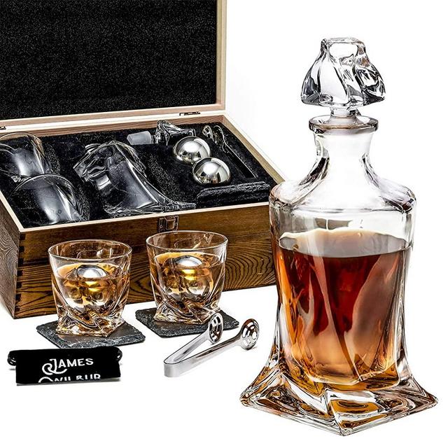 Whiskey Decanter Set By James Wilbur - Includes Whiskey Decanter, 2 Whiskey Glasses, 2 Whiskey Balls, Premium Tongs, 2 Coasters, Freezer Pouch All In A Pinewood Box