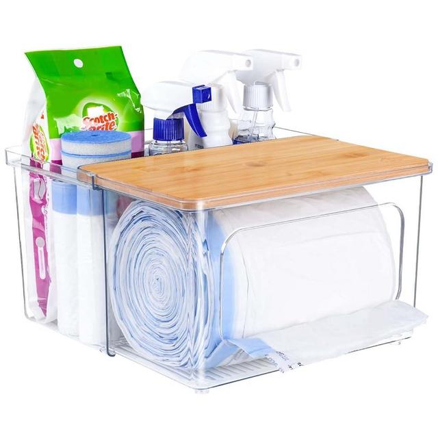 iCASA 2 in 1 Trash Bag Dispenser Holder - Clear Acrylic Plastic Garbage Bags Container Tissue Box with Bamboo Lid Large Under Sink Organizer Kitchen Pantry Shelf Laundry Room Organization and Storage