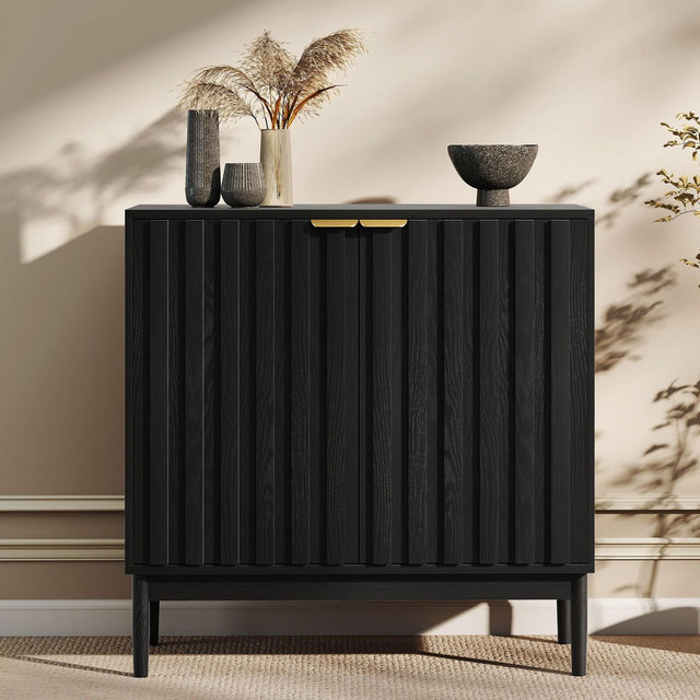 31" Fluted Buffet Sideboard Cabinet , Coffee Bar Cabinet with 2 Doors, Kitchen Buffet Storage Accent Cabinet with Adjustable Shelves, Black