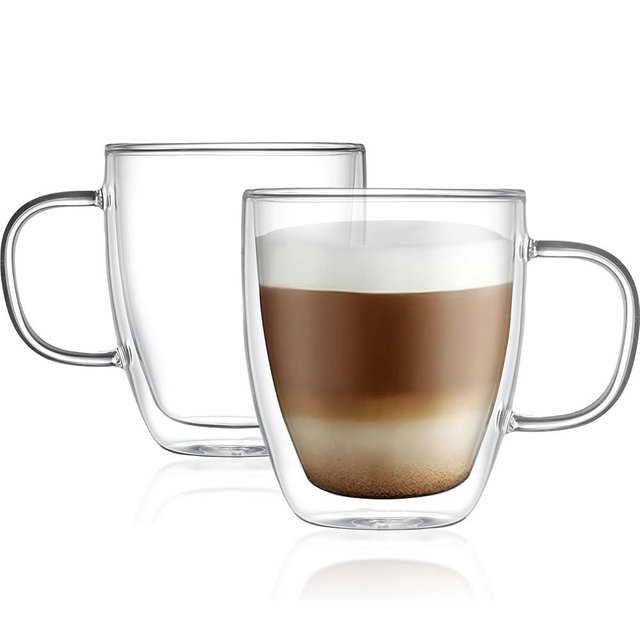 Modvera Double Walled Glass Coffee Mugs with Handle (Set of 2) - 19oz Clear Espresso Cup, Transparent Coffee Mugs for Daily Use & Gift, Transparent Mug for Hot Coffee, Iced Tea & Cappuccino (560 ml)