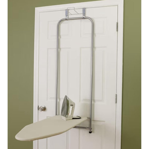 Household Essentials 144222 Over The Door Small Ironing Board with Iron Holder, Natural Cotton Cover Silver